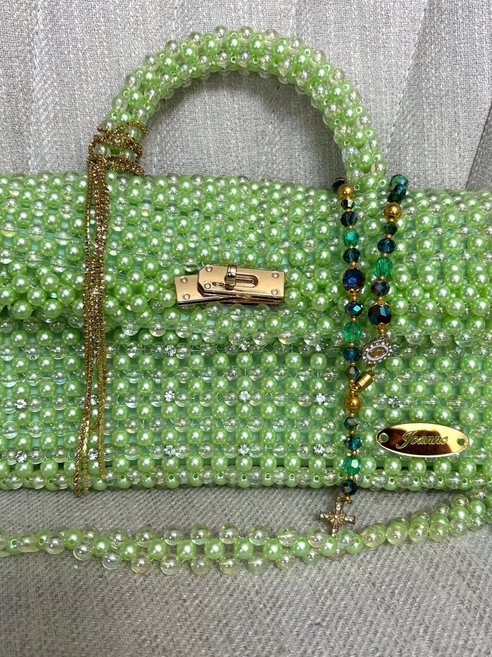 Custom Pearl-Embellished Lime Green Handbag with Gold Hardware